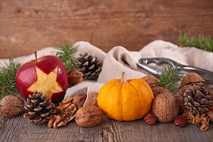 seasonal decor on wooden table